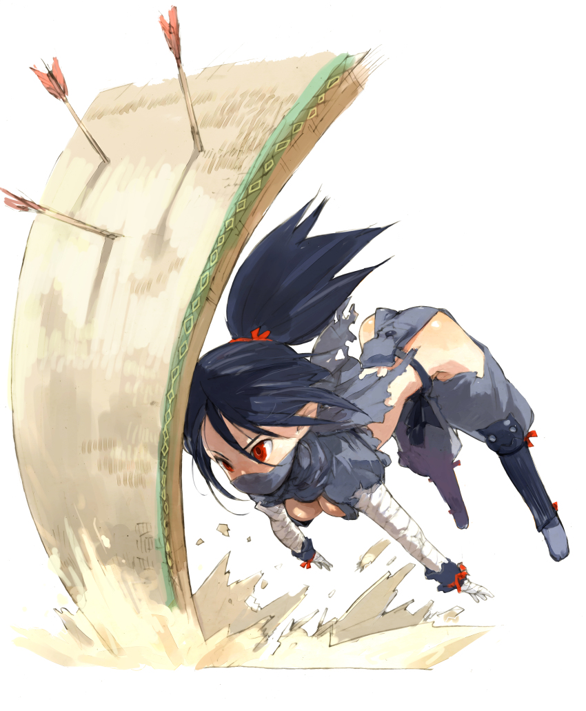 1girl absurdres arrow_(projectile) black_hair breasts cleavage disgaea female_focus half_mask highres kunoichi_(disgaea) makai_senki_disgaea_2 mask mouth_mask ninja ninja_(disgaea) ninja_mask official_art red_eyes simple_background solo tatami toi8