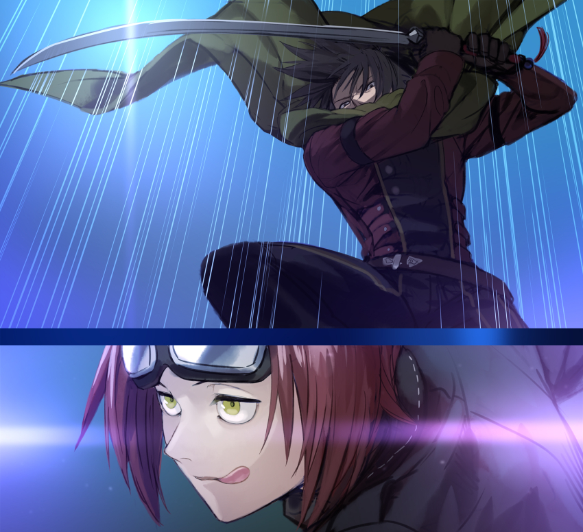 1boy 1girl black_hair brown_eyes cloak commission dated falling goggles goggles_on_head green_eyes highres hinomoto_madoka holding holding_sword holding_weapon jacket licking_lips light_rays motion_lines red_hair red_jacket short_hair signature skeb_commission split_screen split_theme sword tongue tongue_out weapon