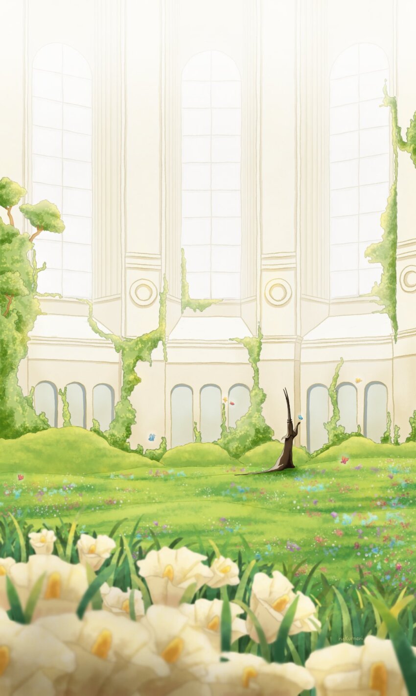 1other artist_name black_robe bug butterfly commentary english_commentary flower full_body grass hakumeri highres im_(one_piece) indoors insect on_grass one_piece robe scenery silhouette solo white_flower window