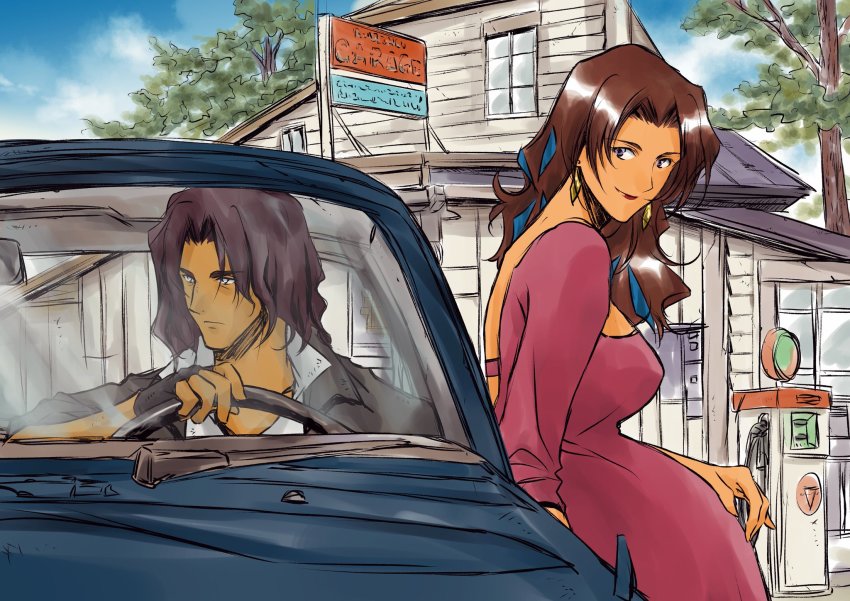 1boy 1girl asimov_solensan car couple cowboy_bebop highres katerina_solensan motor_vehicle tagme tobalin