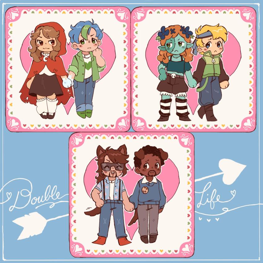 2girls 4boys animal_ears animification beard bigbst4tz2 blonde_hair blue_hair brown_hair cape chibi chibi_only colored_skin copyright_name crescent dark-skinned_male dark_skin dog_boy dog_ears dog_tail double_life_smp facial_hair froggyfr1day green_skin heart highres holding_hands hood hood_up inthelittlewood inthelittlewood_(datastream_defender) life_heart_(traffic_life) minecraft_youtube multiple_boys multiple_girls orange_hair pearlescentmoon pointy_ears red_eyes rendog scar skirt smajor1995 smile standing sweater tail traffic_life_series valentine zombie zombiecleo