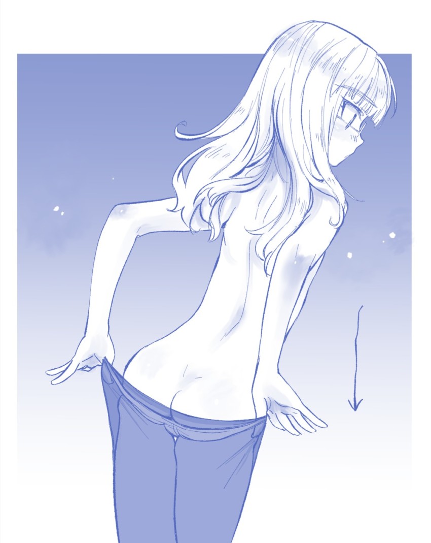 1girl aohashi_ame ass blue_background blush breasts butt_crack cowboy_shot feet_out_of_frame from_behind glasses gradient_background highres long_hair panties pantyhose partially_colored perrine_h._clostermann simple_background small_breasts solo strike_witches topless underwear undressing upper_body world_witches_series