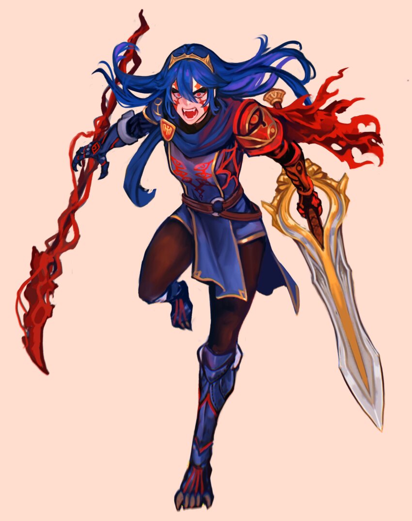 1girl absurdres adapted_costume asymmetrical_dual_wielding belt blue_hair blue_scarf brown_belt brown_pantyhose commentary commission dual_wielding english_commentary facial_tattoo fangs fire_emblem fire_emblem_awakening full_body hair_between_eyes highres holding holding_weapon long_hair lucina_(fire_emblem) nintendo open_mouth pantyhose pelvic_curtain polearm red_eyes scarf sethkiel simple_background solo spear sword tattoo teeth tiara weapon white_background