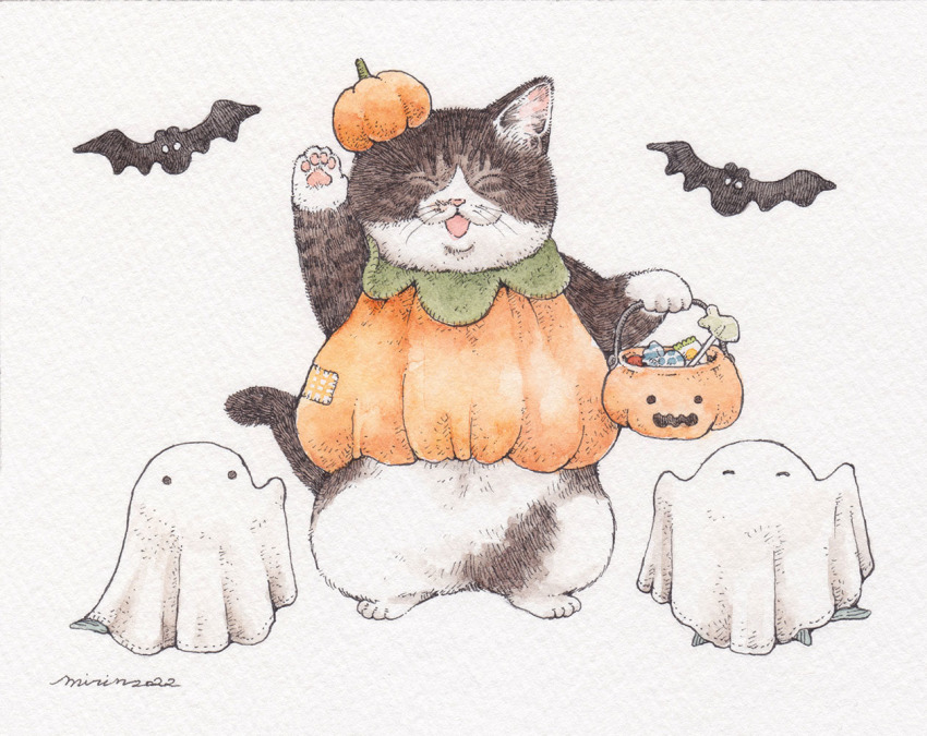 animal_focus bat_(animal) bucket candy cat closed_eyes commentary_request food ghost_costume halloween halloween_bucket holding holding_bucket mirin_(mirin_4) no_humans original painting_(medium) pumpkin_costume pumpkin_hat traditional_media watercolor_(medium)