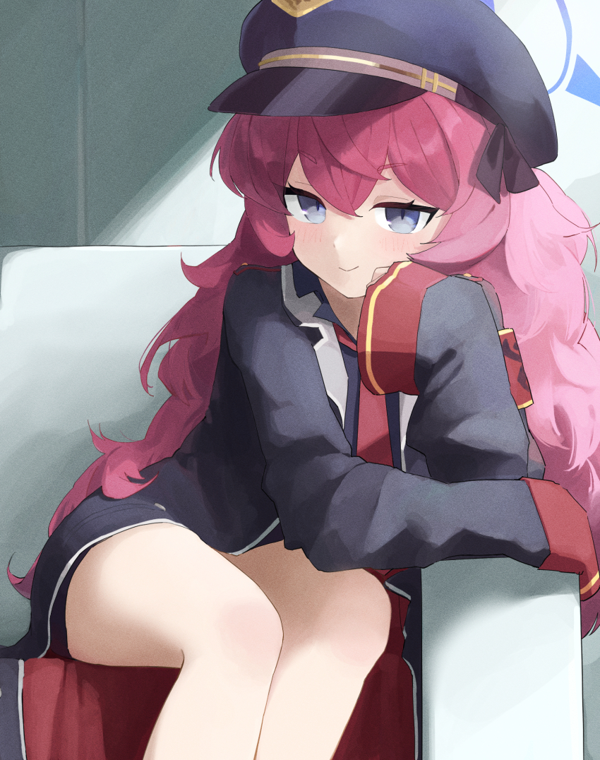 1girl artist_request bad_tag bare_legs blue_archive blue_eyes coat couch hair_ornament halo hat head_rest highres indoors iroha_(blue_archive) legs long_hair looking_at_viewer military_hat military_uniform miniskirt oversized_clothes peaked_cap petite red_hair sitting skirt slit_pupils smile static thighs very_long_hair wavy_hair