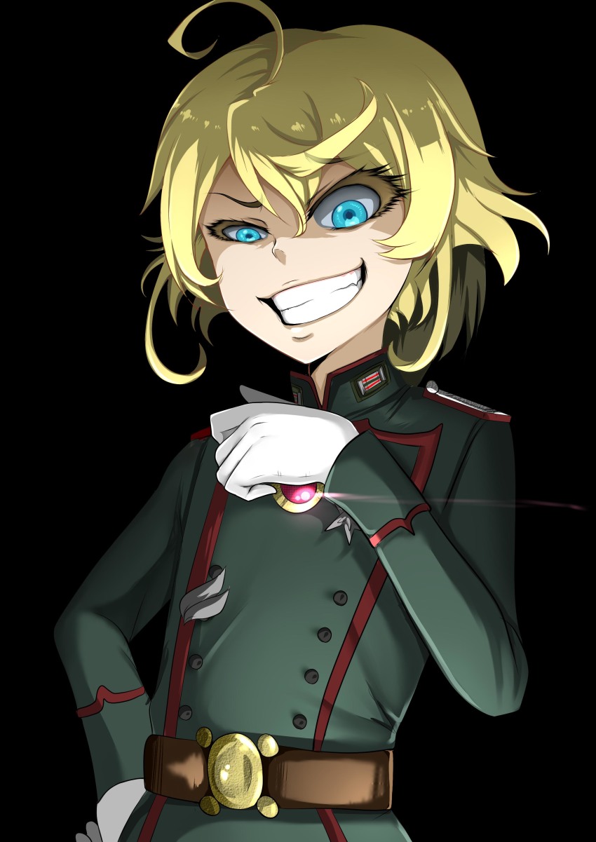 10s 1girl :d absurdres ahoge badge belt belt_buckle black_background blonde_hair blue_eyes buckle buttons clenched_teeth colored_eyelashes constricted_pupils epaulettes evil_grin evil_smile fang female_focus gloves green_jacket grin hair_between_eyes hand_on_own_hip hand_up highres jacket jewelry k_kung long_sleeves looking_at_viewer messy_hair military military_jacket military_uniform no_headwear open_mouth shaded_face short_hair simple_background smile solo standing tanya_degurechaff teeth turtleneck upper_body white_gloves youjo_senki