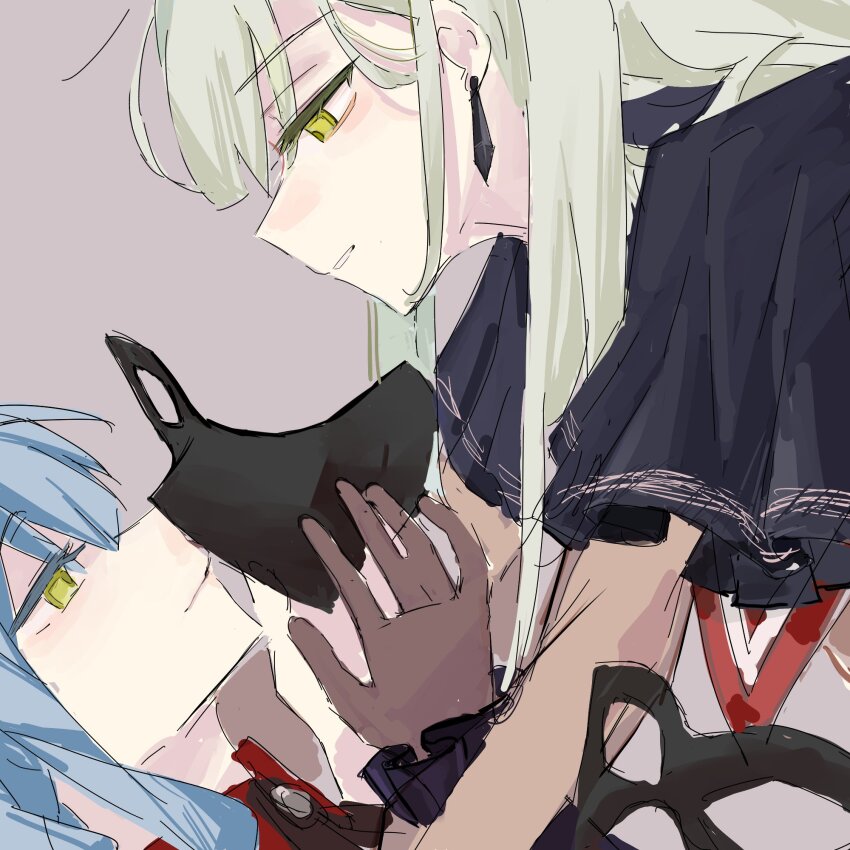 2girls bang_dream! bang_dream!_it&#039;s_mygo!!!!! black_capelet blue_hair capelet closed_mouth commentary earrings eye_contact green_hair grey_background hankai_eyes highres holding holding_mask jewelry long_hair looking_at_another mask masquerade_mask mortis_(bang_dream!) multiple_girls oblivionis_(bang_dream!) open_mouth see-through_clothes see-through_sleeves sidelocks simple_background symbol-only_commentary togawa_sakiko unworn_mask wakaba_mutsumi yellow_eyes yuri