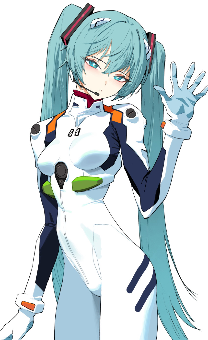 1girl absurdres ayanami_rei ayanami_rei_(cosplay) blue_eyes blue_hair bodysuit breasts cosplay hatsune_miku highres interface_headset long_hair looking_at_viewer mecha_pilot_suit medium_breasts neon_genesis_evangelion plugsuit simple_background solo twintails vocaloid white_bodysuit wonbin_lee