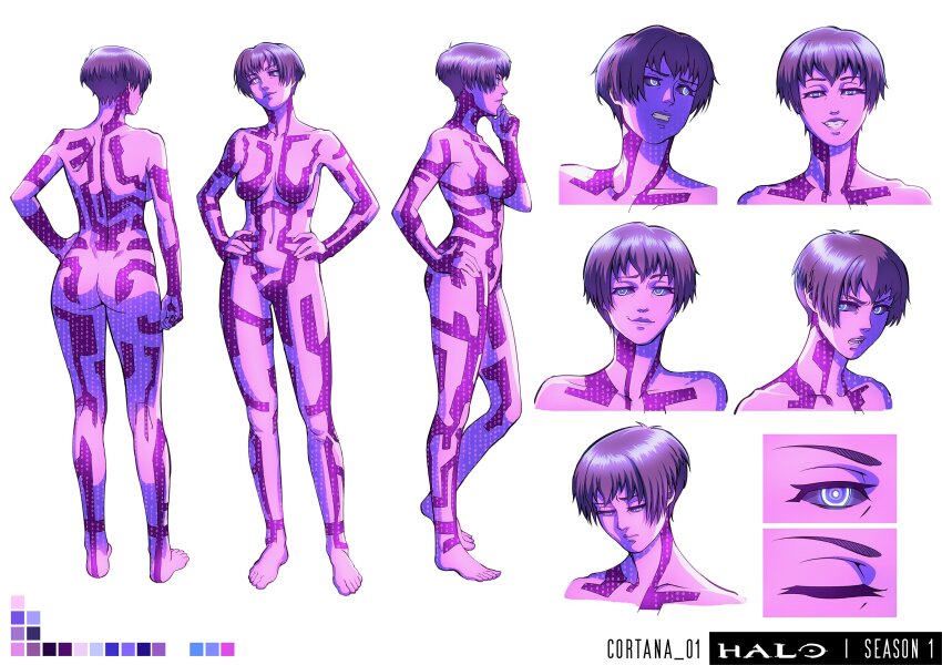 1girl animification ass black_sclera colored_sclera colored_skin cortana grin halo_(series) highres hologram multiple_views omega_tizona purple_skin reference_sheet short_hair simple_background smile turnaround white_background