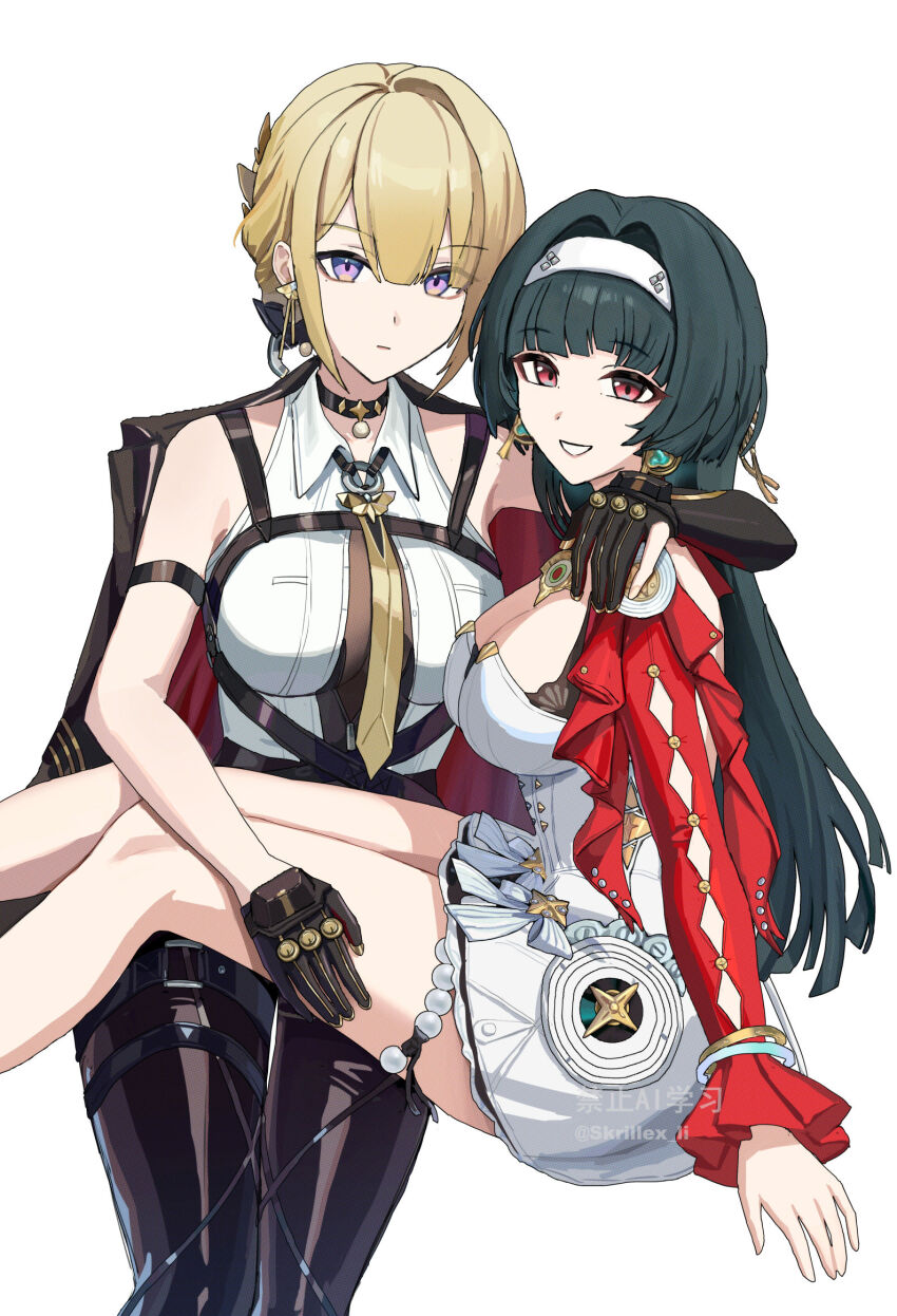 2girls astra_yao black_choker black_gloves black_hair black_jacket blonde_hair blunt_bangs breasts choker cleavage closed_mouth cowboy_shot dress earrings evelyn_chevalier gloves hair_between_eyes highres jacket jacket_on_shoulders jewelry large_breasts long_hair looking_at_viewer multiple_girls purple_eyes purple_z red_eyes red_jacket sidelocks simple_background smile white_background white_dress zenless_zone_zero