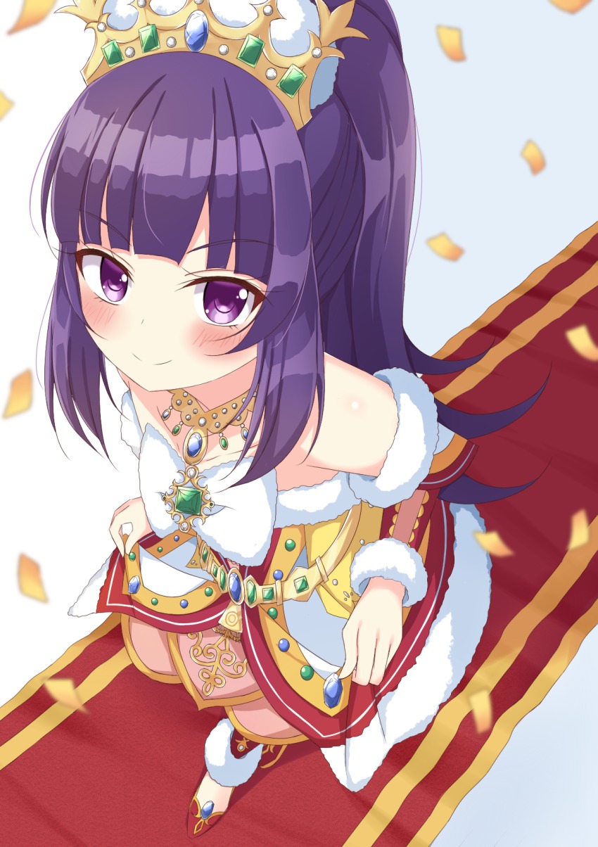 10s 1girl blunt_bangs blush confetti detached_sleeves dress female_focus from_above full_body gem green_gemstone hanazono_shuka highres idol_time_pripara jewelry long_hair looking_at_viewer meiji_(meizi493) necklace ponytail pretty_series pripara purple_eyes purple_hair red_carpet smile solo tiara walking