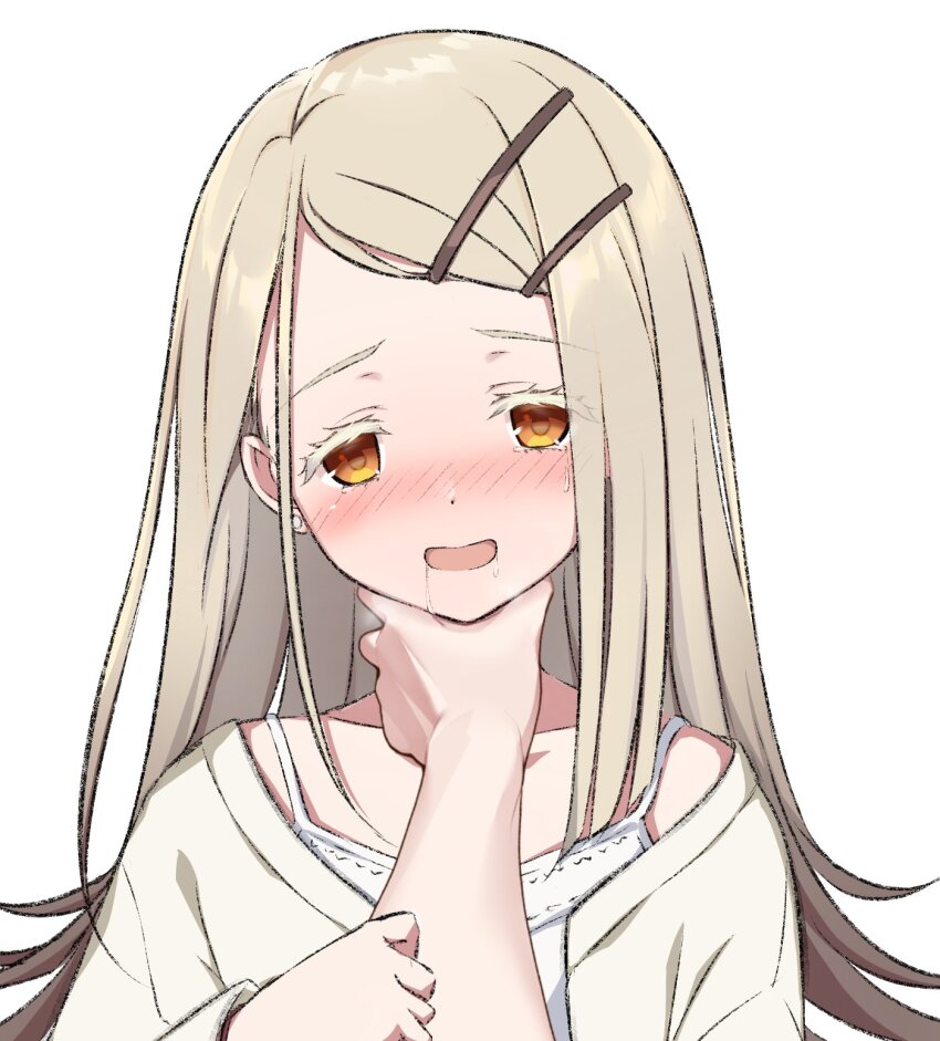 1boy 1girl asagi_nanami blush camisole drooling gakuen_idolmaster grey_hair hair_ornament hairclip highres idolmaster long_hair meme neck_grab open_mouth orange_eyes pov pov_cheek_grabbing_(meme) pov_hands saliva shinosawa_hiro sketch smile upper_body white_camisole