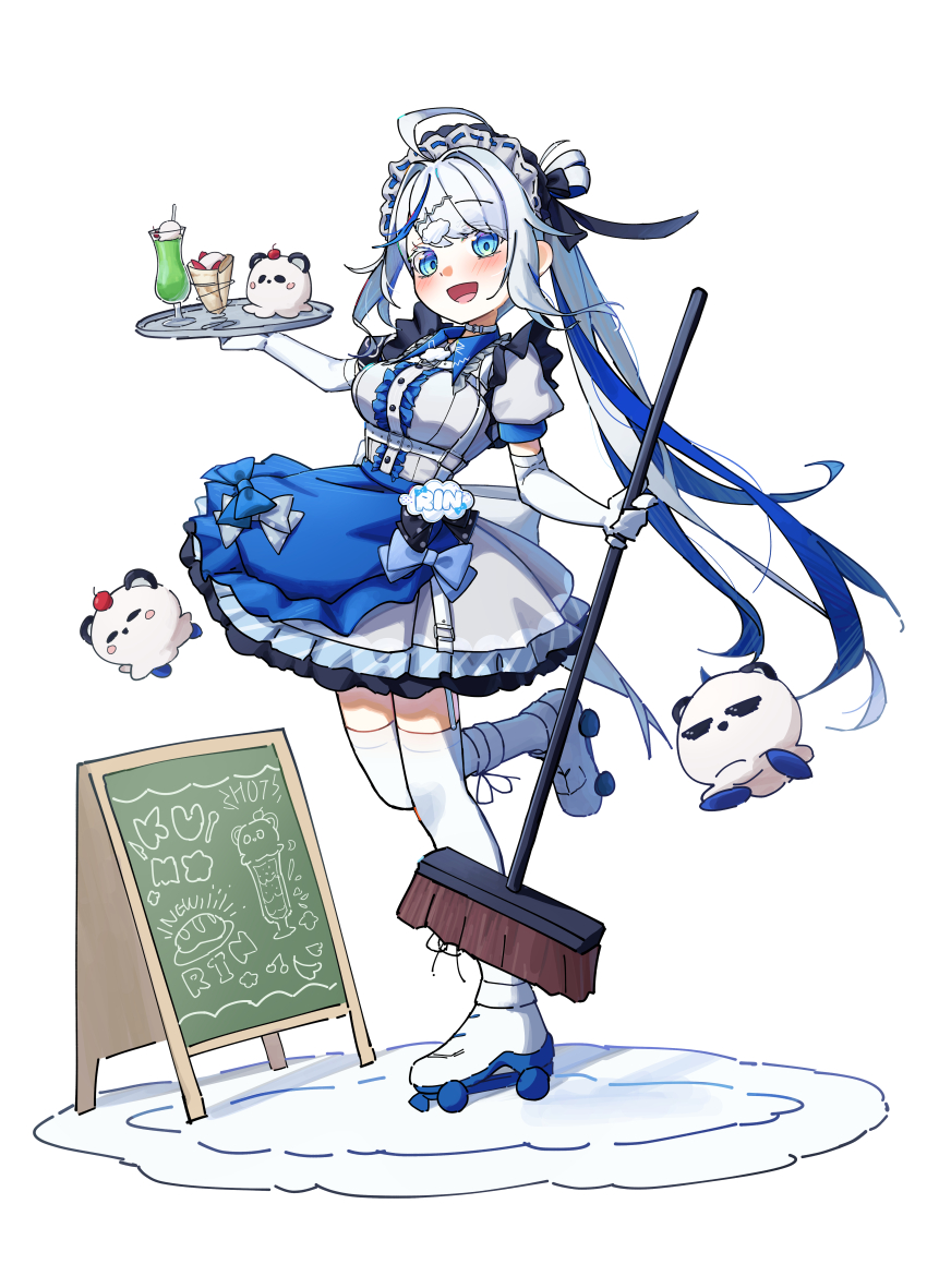 1girl :d absurdres ahoge aokumo_rin apron belt belt_collar black_bow black_ribbon blue_apron blue_bow blue_dress blue_eyes blue_hair blush bow breasts broom center_frills chalkboard character_name cherry chest_harness cloud_hair_ornament collar colored_eyelashes commentary_request crepe dress drinking_straw elbow_gloves floating food frilled_dress frills fruit full_body garter_straps gloves grey_bow hair_intakes hair_ribbon hand_up harness head_tilt highres holding holding_broom holding_tray ice_cream ice_cream_float kurimi_(aokumo_rin) large_breasts leg_up long_hair looking_at_viewer looking_to_the_side maid maid_headdress melon_soda menu_board multicolored_clothes multicolored_dress multicolored_hair o-ring o-ring_belt open_mouth petticoat polka_dot polka_dot_bow puffy_short_sleeves puffy_sleeves ribbon ringed_eyes roller_skates rug short_sleeves side_ponytail sidelocks simple_background single_hair_ring skates smile solo standing standing_on_one_leg stellive swept_bangs thighhighs three_quarter_view tray tsuuburi underbust very_long_hair waist_apron white_background white_belt white_dress white_footwear white_gloves white_hair white_thighhighs