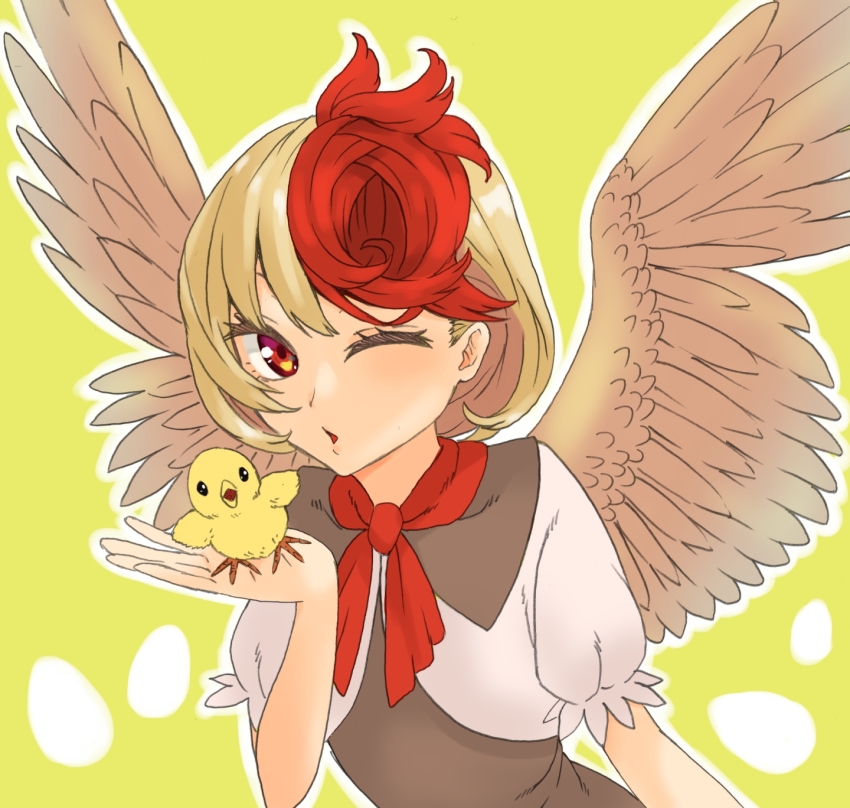 1girl animal bird bird_wings blonde_hair brown_dress chick commentary_request dress feathered_wings flat_chest highres holding holding_animal holding_bird ke-su looking_at_viewer multicolored_hair neckerchief niwatari_kutaka one_eye_closed open_mouth puffy_short_sleeves puffy_sleeves red_eyes red_hair red_neckerchief shirt short_hair short_sleeves solo touhou two-tone_hair upper_body white_shirt wings yellow_wings