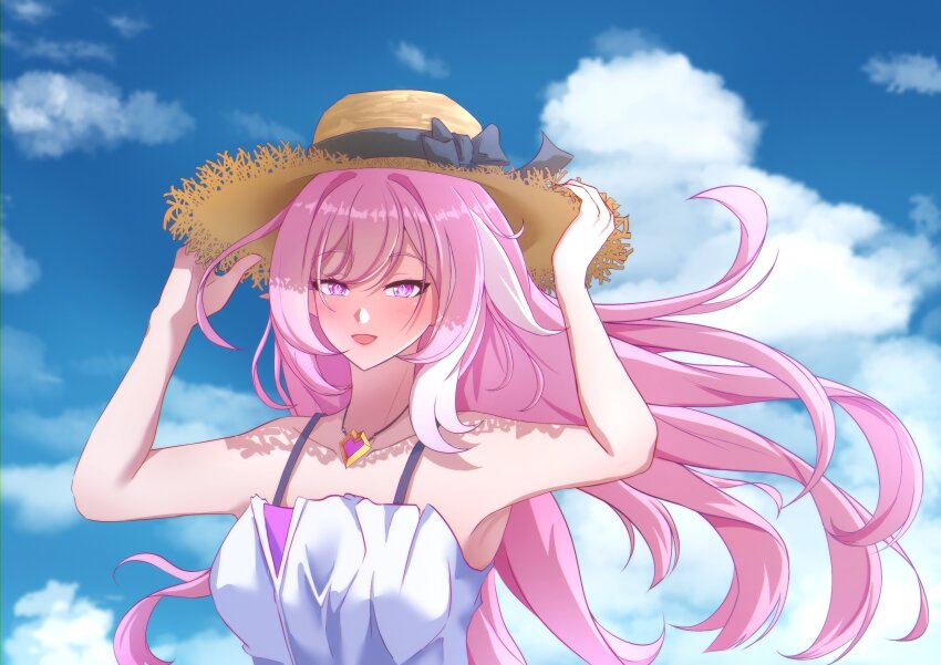 1girl absurdres alternate_costume armpits bare_shoulders blue_sky cloud cloudy_sky diamond-shaped_pupils diamond_(shape) elf elysia_(herrscher_of_human:_ego)_(honkai_impact) elysia_(honkai_impact) gude_(gudechang) hat highres holding holding_unworn_clothes holding_hat holding_unworn_clothes honkai_(series) honkai_impact_3rd long_hair looking_at_viewer open_mouth pink_hair pointy_ears purple_eyes shirt sky solo straw_hat symbol-shaped_pupils upper_body white_shirt