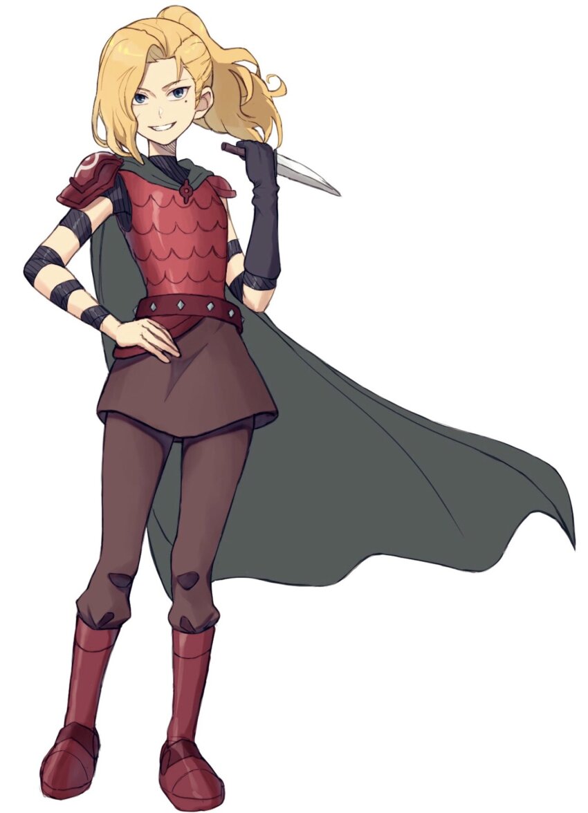 1girl amphibia armor armored_boots black_shirt blonde_hair blue_eyes boots brown_pants brown_skirt cape clenched_teeth full_body gloves hand_on_own_hip highres holding holding_knife junsui_(omori0310) knee_boots knife pants pants_under_skirt pauldrons ponytail red_armor red_footwear sasha_waybright scale_armor shirt shoulder_armor single_glove skirt smile smirk solo spiked_belt standing teeth turtleneck white_background