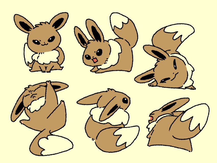 00tamakichi :&lt; :3 angry black_eyes brown_fur closed_eyes commentary_request creatures_(company) ears_up eevee game_freak gen_1_pokemon highres looking_at_viewer looking_to_the_side multiple_views narrowed_eyes nintendo no_humans open_mouth pokemon pokemon_(creature) simple_background sitting tail yellow_background