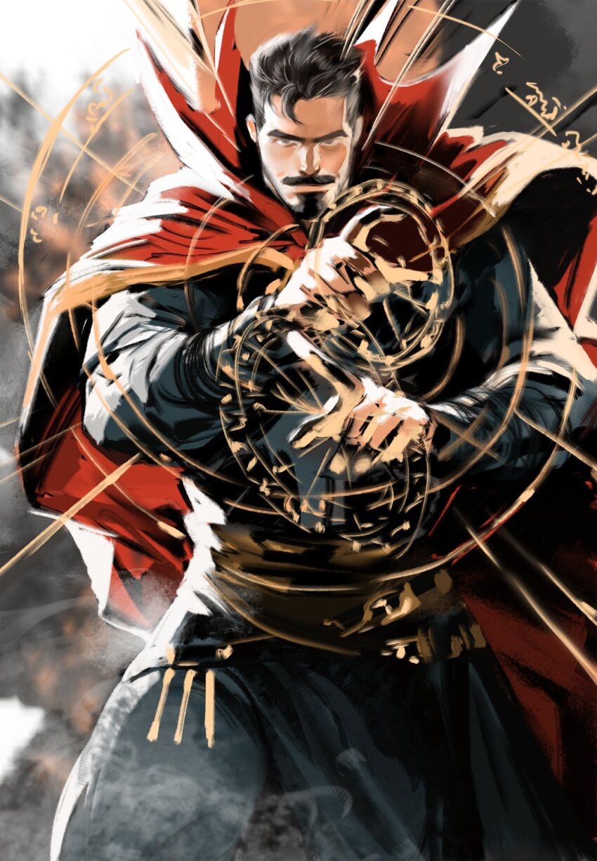 1boy 2022 bara black_hair blue_cloak blurry blurry_background cape cloak connected_beard doctor_strange doctor_strange_(series) dopey_(dopq) facial_hair gold_trim highres marvel mustache red_cape runes short_hair