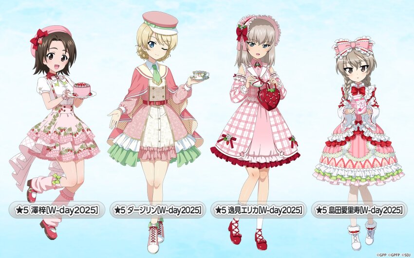 4girls bag beret blonde_hair blue_background blue_eyes blush bonnet boots bow bowtie braid brown_eyes brown_hair character_name collared_shirt cup darjeeling_(girls_und_panzer) dress floral_print flower food food-themed_bag food-themed_clothes food_print frilled_bow frilled_dress frilled_skirt frilled_sleeves frills full_body fur-trimmed_boots fur_trim girls_und_panzer girls_und_panzer_senshadou_daisakusen! green_bow green_necktie grey_hair hair_between_eyes hair_bow handbag hat hat_bow hat_ribbon highres holding holding_food holding_milk_carton holding_saucer itsumi_erika layered_skirt leg_warmers legs mary_janes milk_carton multiple_girls necktie official_art one_eye_closed open_mouth pantyhose pink_bonnet pink_bow pink_dress pink_leg_warmers pink_shirt pink_shoes pink_skirt plaid_clothes plaid_dress puffy_short_sleeves puffy_sleeves red_bow red_bowtie red_shoes ribbon saucer sawa_azusa shimada_arisu shirt shoes short_hair short_necktie short_sleeves sidelocks skirt smile socks standing strawberry_print teacup thighs translated twin_braids white_boots white_bow white_bowtie white_flower white_pantyhose white_socks