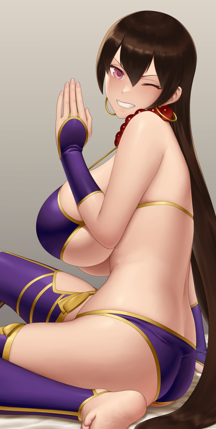 1girl absurdres ass bare_shoulders barefoot bead_necklace beads bikini breasts bridal_gauntlets brown_hair detached_sleeves earrings fate/grand_order fate_(series) gonoike_biwa grin hair_between_eyes highres hoop_earrings jewelry large_breasts long_hair looking_at_viewer necklace one_eye_closed prayer_beads purple_bikini purple_eyes purple_thighhighs smile solo swimsuit thighhighs thighs xuangzang_sanzang_(fate)