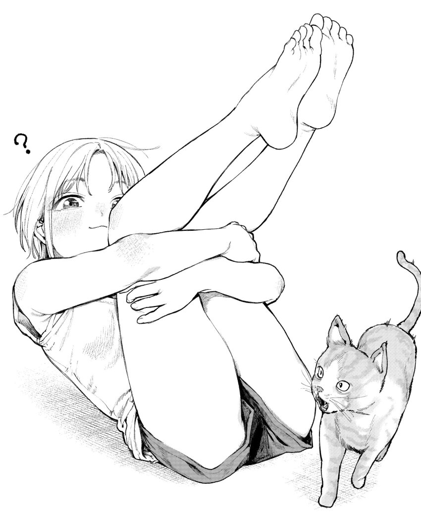 1girl ? barefoot blush cat closed_mouth feet full_body greyscale highres hugging_own_legs legs legs_up looking_at_viewer monochrome morimoto_atsushi original shadow short_hair short_shorts shorts simple_background sleeveless soles solo