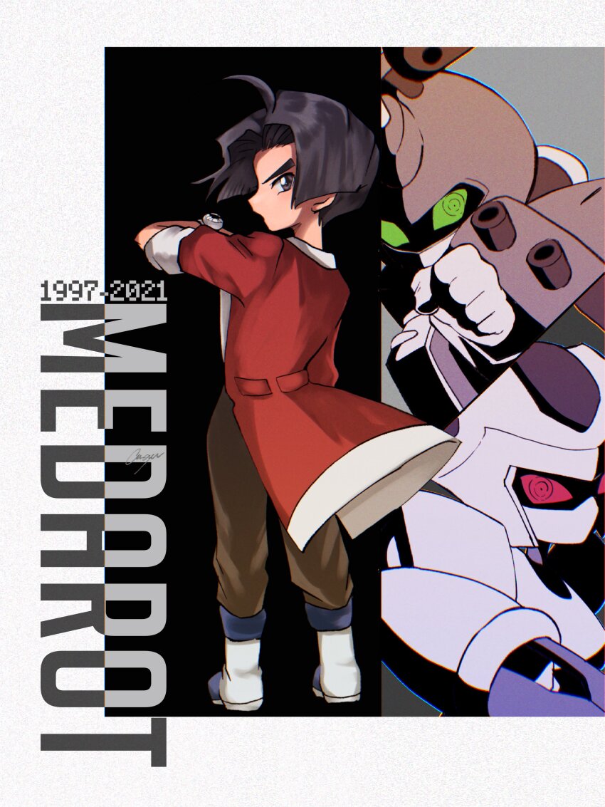 1boy absurdres agata_hikaru ahoge amayu_(amaamailust) black_hair blue_eyes boots highres jacket looking_back medarot medawatch metabee parted_bangs red_jacket rokusho_(medarot) short_hair