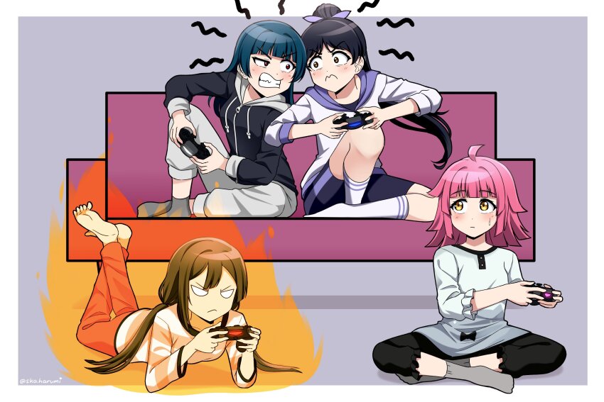 3: 4girls :&lt; :| ahoge black_hair black_hoodie black_pants black_shorts blue_hair blunt_bangs blunt_ends border clenched_teeth closed_mouth commentary controller dark_blue_hair double-parted_bangs english_commentary feet_up fire game_controller grey_background grey_pants grey_shirt grey_socks hair_down hazuki_ren high_ponytail highres holding holding_controller holding_game_controller hood hoodie in-franchise_crossover indian_style kishimen_hair knee_up long_hair long_sleeves love_live! love_live!_nijigasaki_high_school_idol_club love_live!_sunshine!! love_live!_superstar!! low_twintails lying medium_hair multiple_girls official_alternate_hairstyle on_stomach orange_pants outside_border pants pink_hair playing_games ponytail sanpaku shirt shorts shout_lines simple_background sitting ska.harumi sleeves_past_elbows socks teeth tennoji_rina the_pose tsushima_yoshiko twintails twitter_username v-shaped_eyebrows v-shaped_eyes white_border white_hoodie white_shirt white_socks yellow_eyes yuki_setsuna