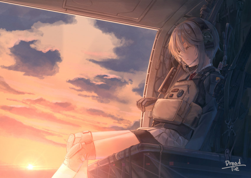 1girl bike_shorts closed_eyes dreadtie gloves grey_hair gun hair_between_eyes headset helicopter_interior highres knee_pads necktie original pleated_skirt shirt short_hair shorts shorts_under_skirt sitting skirt sleeping solo sunset weapon white_shirt