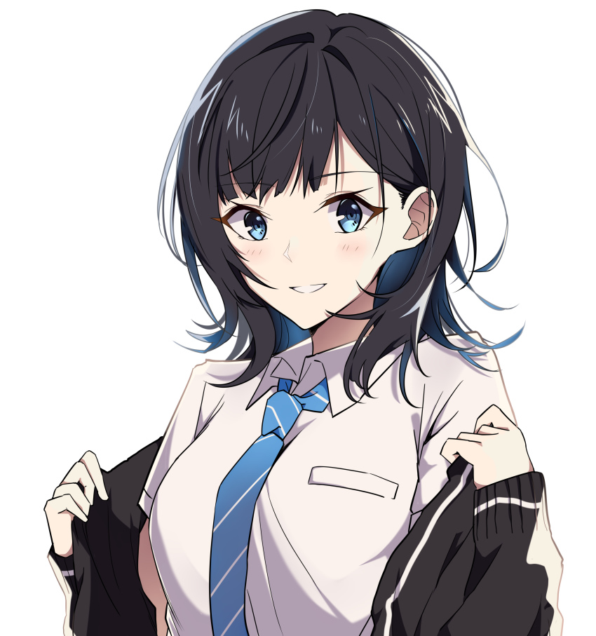 1girl absurdres black_hair black_jacket blush chitose-kun_wa_ramune_bin_no_naka collared_shirt hands_up highres jacket long_sleeves looking_at_viewer medium_hair messy_hair nanase_yuzuki necktie pokarii_zuu purple_eyes shirt simple_background sleeves_past_wrists smile solo upper_body white_background white_shirt