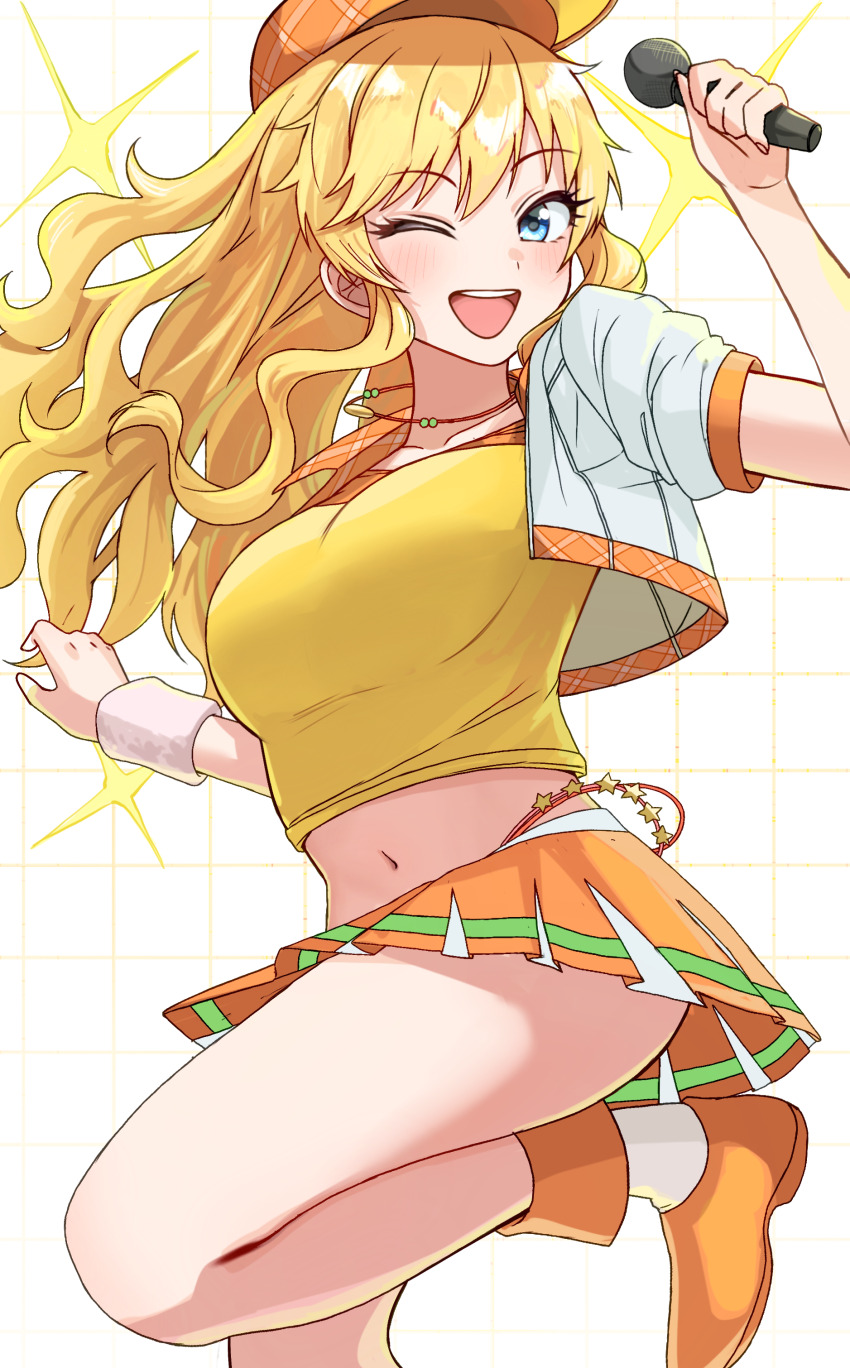 1girl absurdres armband blonde_hair blue_eyes blush breasts hat highres idolmaster idolmaster_cinderella_girls jewelry long_hair looking_at_viewer medium_breasts microphone navel necklace niban_(puka_0507) ohtsuki_yui one_eye_closed open_mouth orange_footwear orange_hat orange_skirt shirt skirt smile solo sparkle standing standing_on_one_leg thighs yellow_shirt