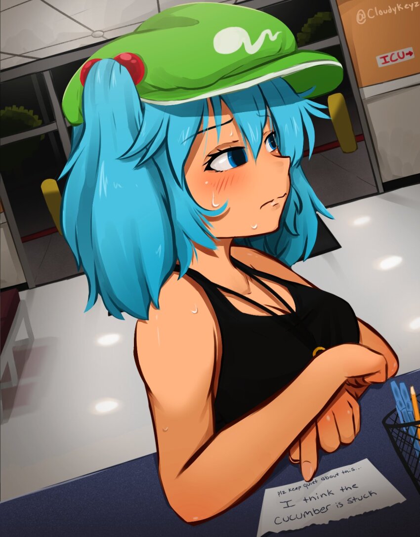 1girl aqua_hair artist_name averting_eyes bare_arms bare_shoulders black_tank_top blush breasts cloudykeyz commentary english_text frown green_hat hair_between_eyes hat highres implied_object_insertion indoors kawashiro_nitori medium_breasts medium_hair note pen pencil pointing pov solo sweat symbol-only_commentary tank_top touhou twintails twitter_username