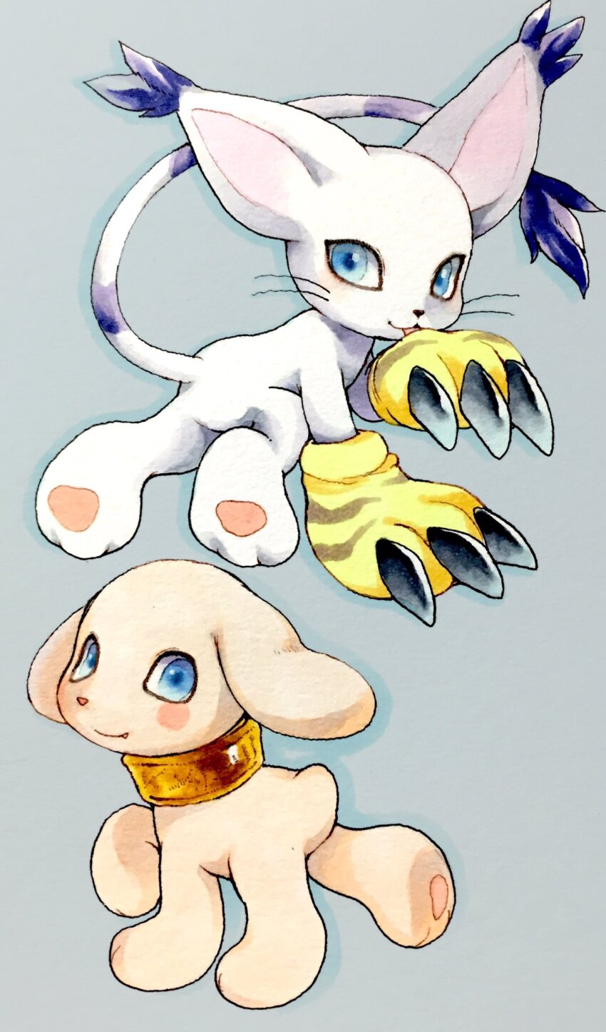 animal_ears animal_feet blue_background blue_eyes cat collar digimon digimon_(creature) dog fangs gloves highres kagaya_(oshiriudon) no_humans plotmon smile striped_tail tail tailmon tongue tongue_out white_fur yellow_gloves