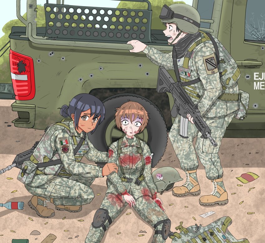 assault_visor black_hair bleeding blood boots brown_hair dirt gun helmet highres holding holding_gun holding_weapon looking_at_viewer mexican_army mexican_flag mexico military_uniform motor_vehicle mx_waifus original pickup_truck short_hair trash traumatized truck weapon