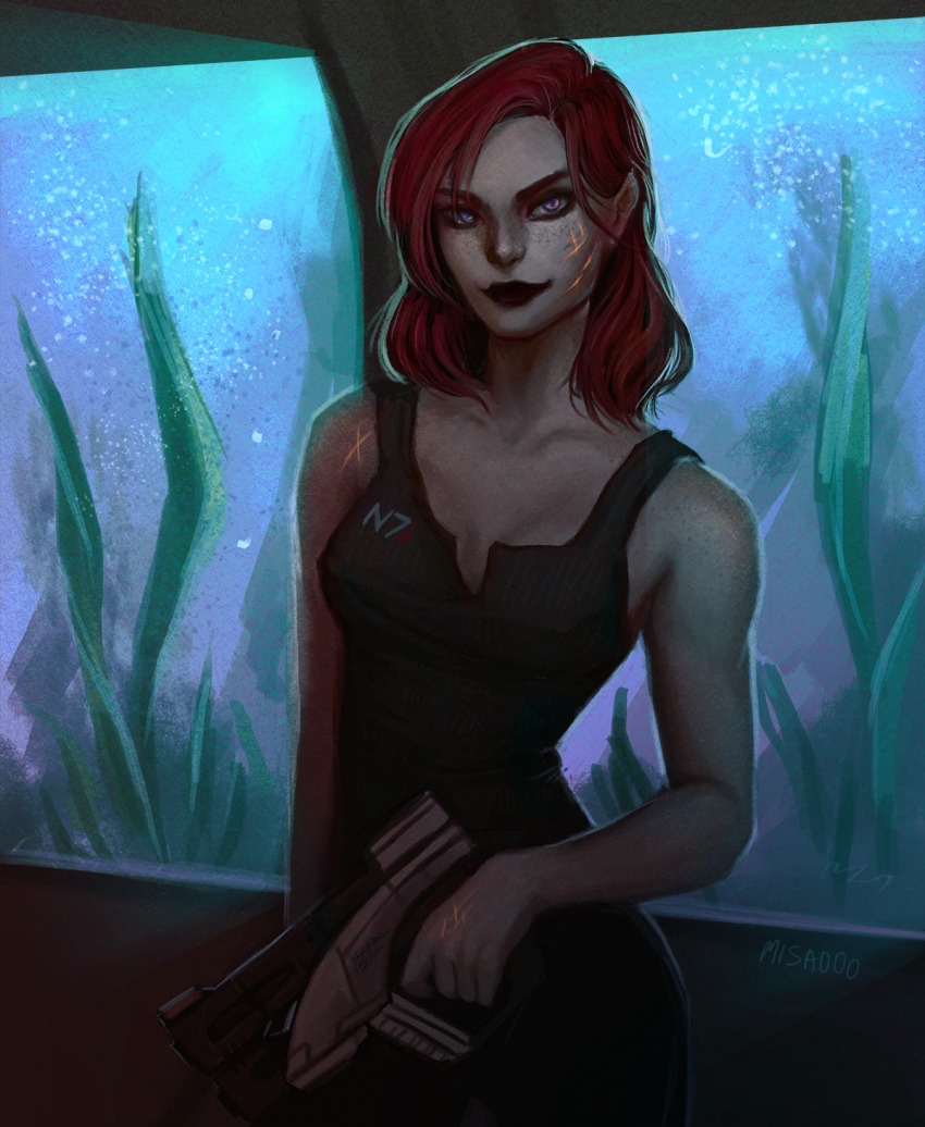 black_dress breasts commander_shepard commander_shepard_(female) dress fish_tank fun gun holding holding_gun holding_weapon mass_effect_(series) medium_breasts medium_hair misaoooart official_alternate_costume red_hair scar scar_on_face seaweed tumblr weapon