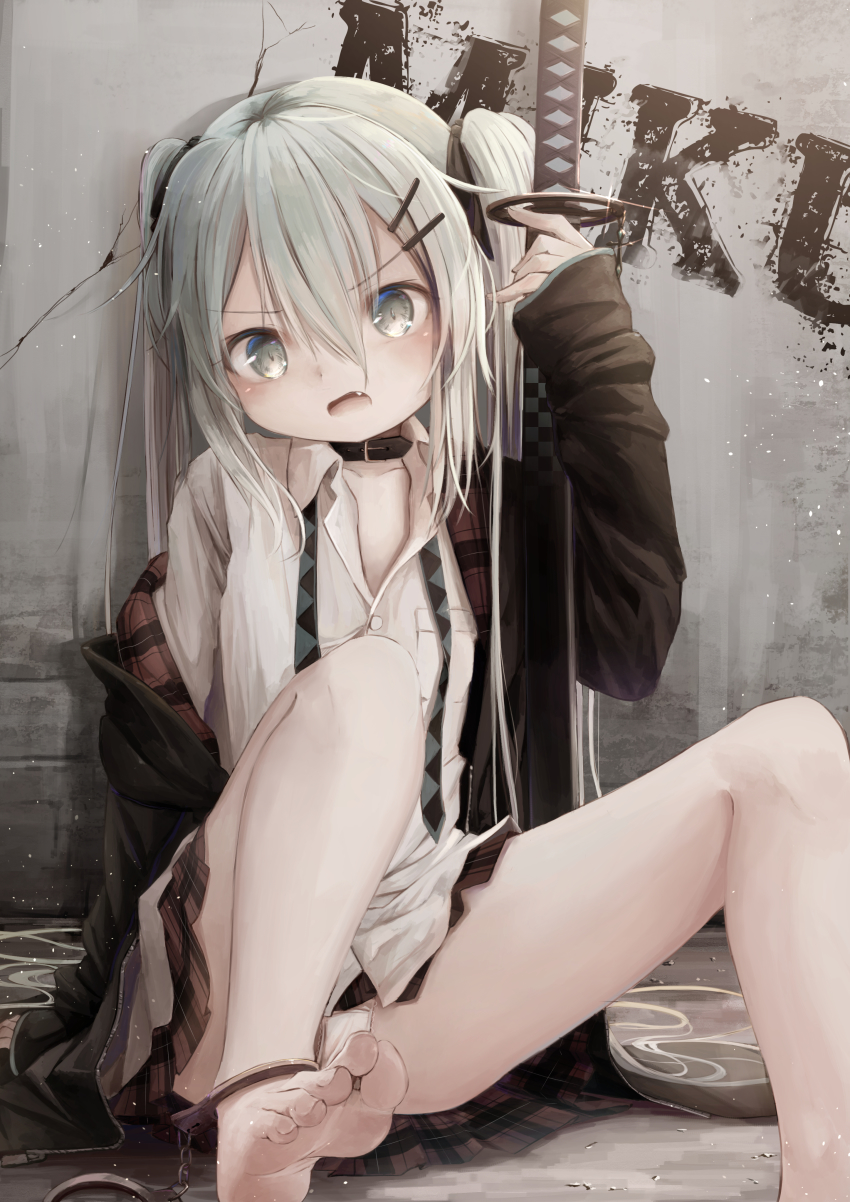 1girl absurdres barefoot character_name choker cuffs fang feet flat_chest green_eyes green_hair hair_between_eyes hair_ornament hairclip handcuffs handcuffs_on_ankles hatsune_miku highres katana long_hair open_mouth panties pantyshot sitting skirt solo sword toes twintails underwear utatanecocoa vocaloid weapon white_panties