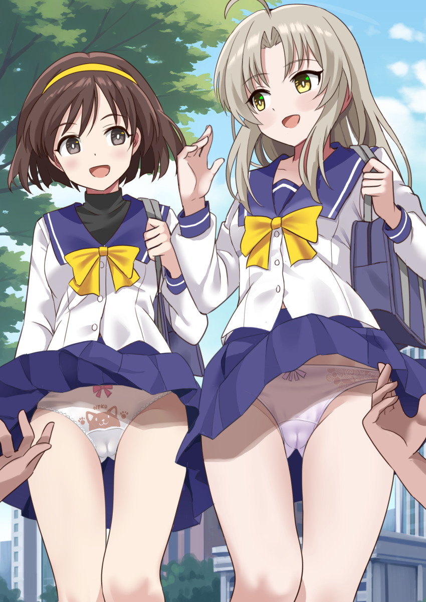 2girls ahoge bag blue_sailor_collar blue_skirt blue_sky brown_hair building cameltoe city clothes_lift cloud collarbone commentary_request day grey_eyes hairband highres long_hair long_sleeves memories_off multiple_girls outdoors panties parted_bangs pleated_skirt sailor_collar school_bag school_uniform shimouki_izui shirt short_hair sidelocks skirt skirt_lift sky skyscraper smile tree underwear walking white_panties white_shirt yellow_eyes