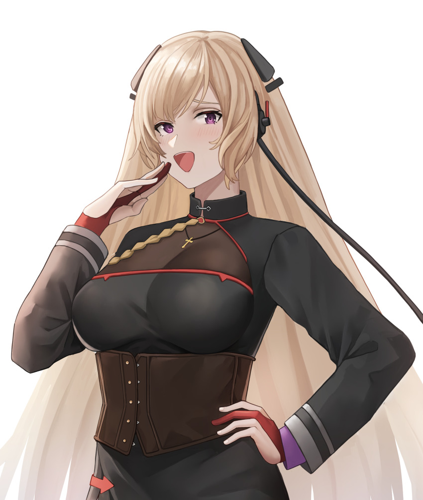 1girl absurdres blonde_hair blush breasts commentary commission cozie178 english_commentary g3_(girls&#039;_frontline) g3_(mod3)_(girls&#039;_frontline) girls&#039;_frontline hand_on_own_hip highres long_hair looking_at_viewer ojou-sama_pose open_mouth purple_eyes simple_background solo teeth upper_body upper_teeth_only white_background