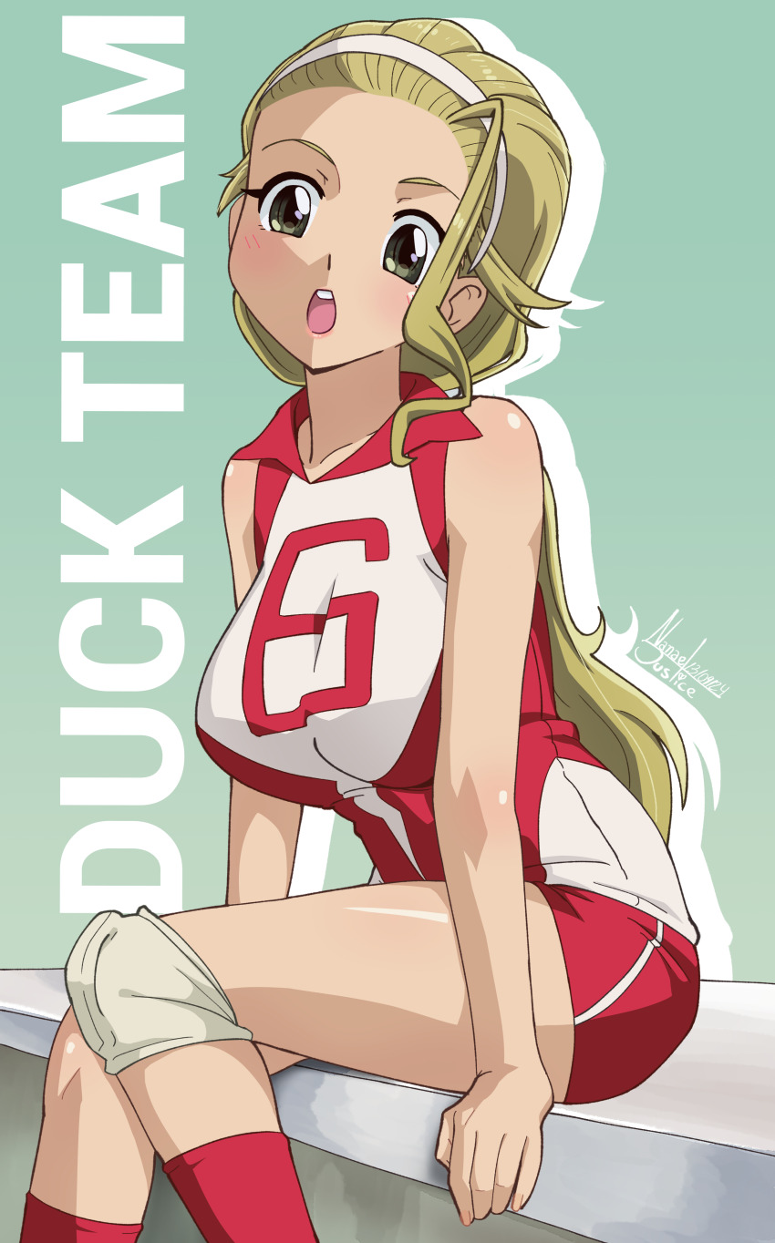 1girl absurdres blonde_hair blush breasts girls_und_panzer green_background green_eyes highres large_breasts long_hair nanaeljustice open_mouth ponytail sasaki_akebi signature simple_background solo sportswear volleyball_uniform