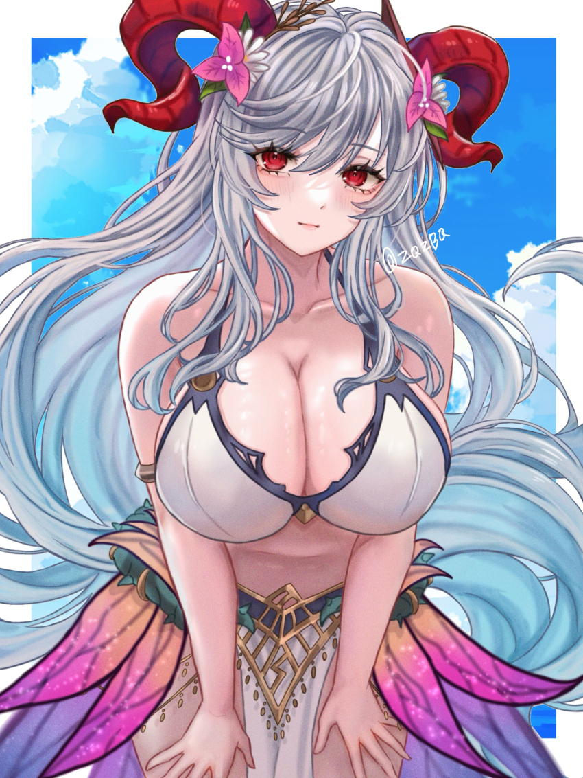 1girl bikini blue_sky blush border breasts cleavage closed_mouth cloud collarbone commentary_request curled_horns fire_emblem fire_emblem_heroes flower freyja_(fire_emblem) freyja_(summer)_(fire_emblem) goat_horns grey_hair hair_flower hair_ornament highres horns large_breasts long_hair looking_at_viewer nintendo official_alternate_costume outside_border pelvic_curtain pink_flower red_eyes red_horns sky solo stomach swimsuit twitter_username very_long_hair white_bikini white_border zqzbq