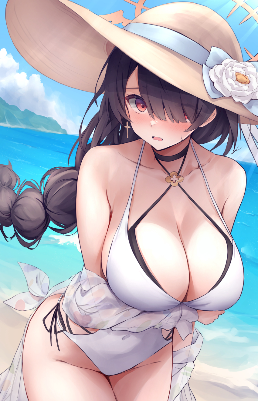 1girl absurdres arm_under_breasts beach bikini black_hair blue_archive blush breasts casual_one-piece_swimsuit cleavage collarbone curvy earrings hair_over_one_eye halo hat highres hinata_(blue_archive) hinata_(swimsuit)_(blue_archive) jewelry large_breasts long_hair ocean official_alternate_costume one-piece_swimsuit outdoors red_eyes side-tie_bikini_bottom solo swimsuit thick_thighs thighs white_one-piece_swimsuit yuuki_shuri