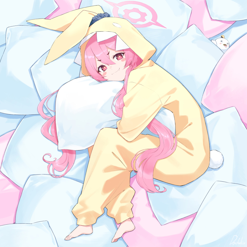 +_+ 1girl animal_costume barefoot blue_archive blush_stickers closed_mouth commentary cosplay daifuku_(tkja3555) fake_tail fang feet full_body hair_between_eyes halo highres hood hood_up hooded_pajamas hug hugging_object kigurumi koyuki_(blue_archive) koyuki_(pajamas)_(blue_archive) long_hair looking_at_viewer low_twintails lying official_alternate_costume on_side onesie pajamas peroro_(blue_archive) pillow pillow_hug pink_eyes pink_hair pink_halo rabbit_costume rabbit_tail skin_fang smile solo tail twintails yellow_pajamas