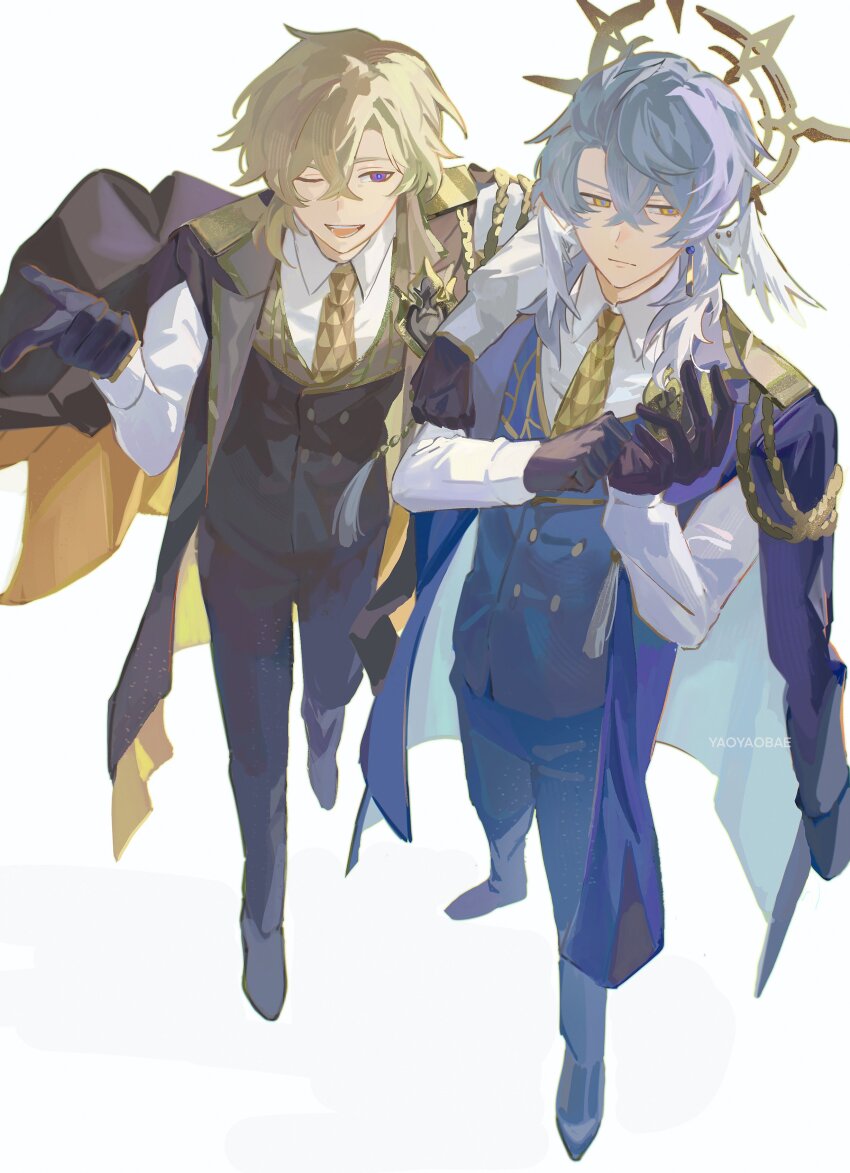 2boys absurdres adjusting_clothes adjusting_gloves alternate_costume aventurine_(honkai:_star_rail) aventurine_(stoneheart&#039;s_oath_ring)_(honkai:_star_rail) bishounen black_gloves black_suit blonde_hair blue_suit closed_mouth coat feathered_wings formal_clothes full_body gloves grey_hair halo head_wings highres honkai:_star_rail honkai_(series) male_focus multiple_boys necktie one_eye_closed open_mouth purple_eyes simple_background suit sunday_(honkai:_star_rail) white_background wings yaoyaobae yellow_necktie