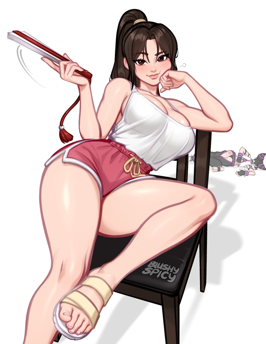 2girls bare_legs bare_shoulders blushyspicy breasts brown_eyes brown_hair cleavage dolphin_shorts family_guy_death_pose_(meme) fatal_fury feet folding_fan foot_out_of_frame han_juri hand_fan high_ponytail highres implied_after_fight large_breasts legs long_hair lying meme multiple_girls ninja on_side ponytail sandals shiranui_mai shorts smile street_fighter street_fighter_6 toenails toes