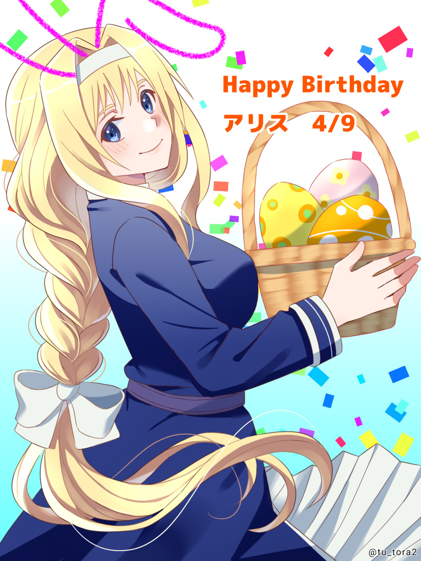 1girl absurdres alice_zuberg animal_ears basket blonde_hair blue_dress blue_eyes braid closed_mouth dated drawn_ears dress easter_egg egg happy_birthday highres holding holding_basket long_hair long_sleeves looking_at_viewer rabbit_ears smile solo sword_art_online tu_tora2 twitter_username very_long_hair