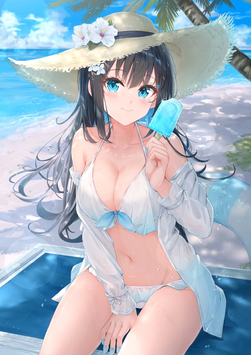 1girl absurdres beach bikini black_hair blue_eyes blue_nails blurry blush bokeh breasts cleavage cloud cloudy_sky collarbone commentary_request cowboy_shot dappled_sunlight depth_of_field dripping flower food hair_flower hair_ornament hairclip hat hat_flower highres holding holding_food holding_popsicle innertube light_particles long_hair long_sleeves looking_at_viewer medium_breasts messy_hair mole mole_under_eye na_kyo navel ocean open_clothes open_shirt original palm_tree popsicle shirt sitting sky smile solo sparkle straw_hat sunlight swim_ring swimsuit tree water wavy_hair wet wet_clothes wet_shirt white_bikini white_shirt wide_brim wind