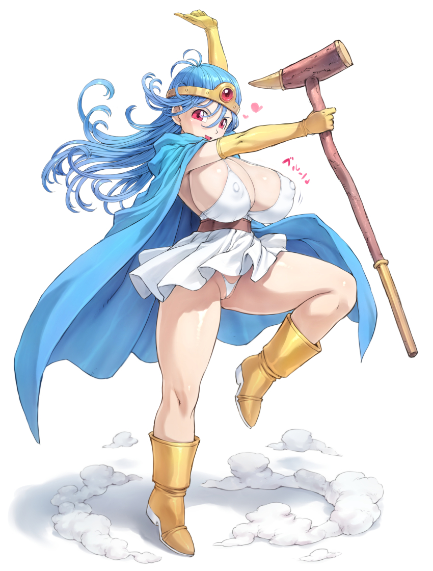 1girl absurdres arm_up blue_hair boots breasts cape circlet cleavage commentary_request covered_erect_nipples dragon_quest dragon_quest_iii dress dust_cloud elbow_gloves foot_up full_body gem gloves heart highres holding holding_staff huge_breasts light_blush long_hair looking_at_viewer mage_staff mogudan open_mouth panties pussy pussy_peek red_eyes red_gemstone sage_(dq3) short_dress simple_background skirt smile solo staff standing standing_on_one_leg underwear white_dress white_panties wind wind_lift yellow_gloves