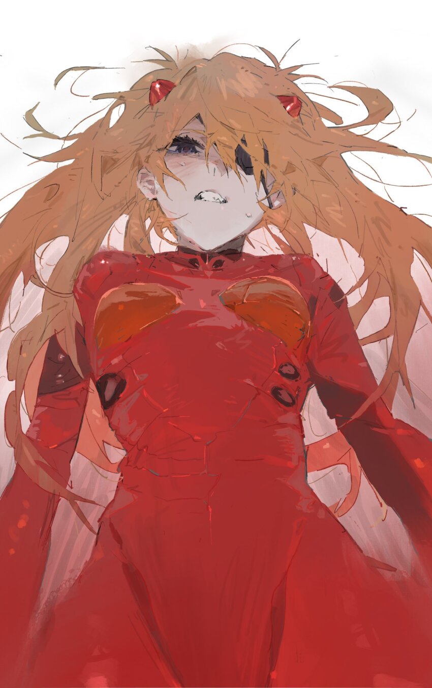 1girl blue_eyes bodysuit breasts clenched_teeth commentary_request evangelion:_3.0_you_can_(not)_redo eyepatch hair_between_eyes highres interface_headset le_(szs0k) long_hair looking_at_viewer mecha_pilot_suit messy_hair neon_genesis_evangelion orange_hair plugsuit rebuild_of_evangelion red_bodysuit simple_background small_breasts solo souryuu_asuka_langley sweat teeth very_long_hair