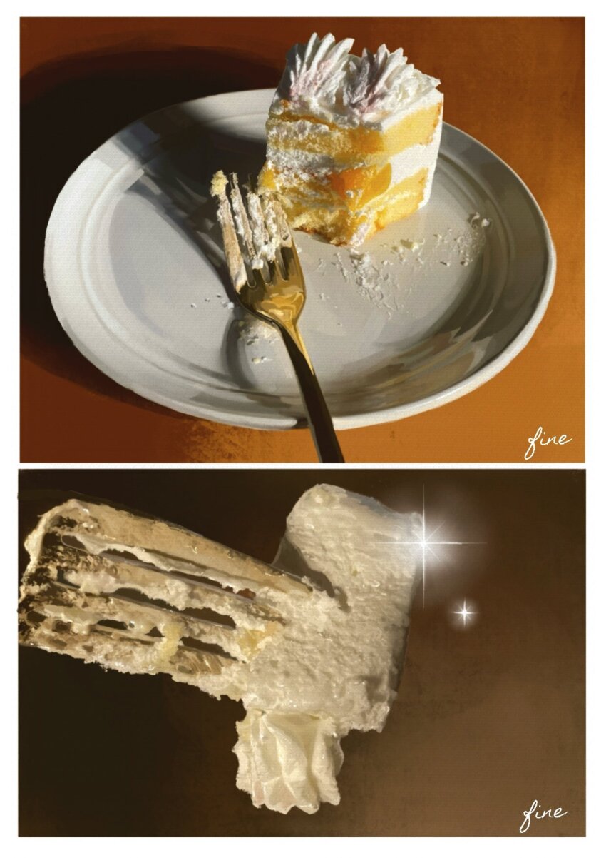 artist_name cake cake_slice fine_9725 food food_focus fork highres no_humans original plate realistic shadow still_life