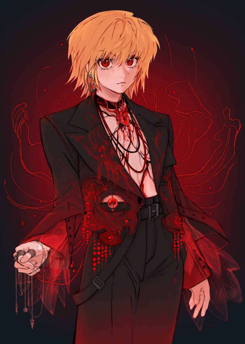 1boy androgynous black_choker black_jacket black_pants blonde_hair blood chain choker closed_mouth earrings eyelashes formal_clothes heart_(organ) highres hunter_x_hunter ik18166181ik jacket jewelry kurapika looking_at_viewer male_focus open_clothes open_jacket pants red_eyes ring short_hair simple_background solo standing upper_body