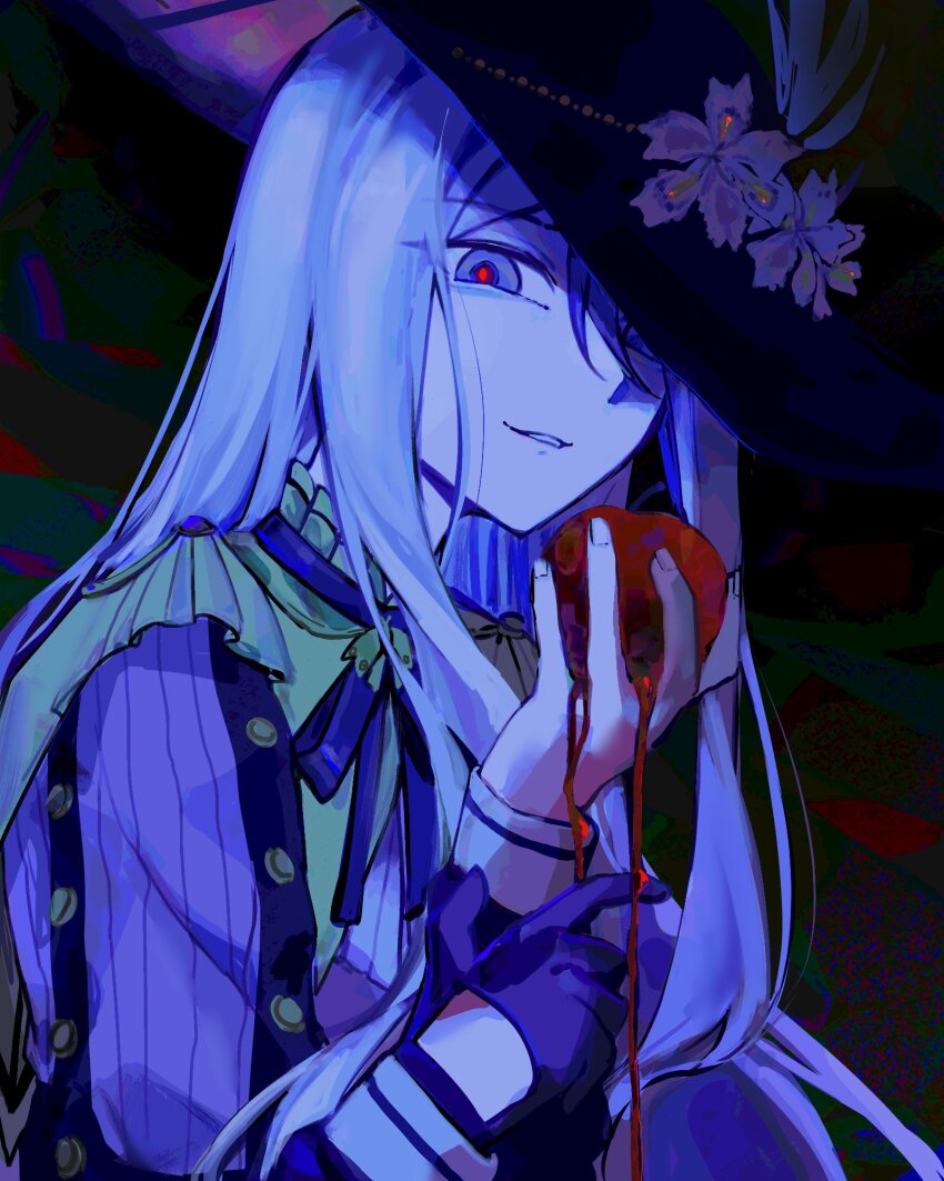 1girl apple black_gloves black_hat blue_eyes blush bug flower food fruit gloves grey_hair hair_between_eyes hat hat_flower highres hinatsu_924 holding holding_food holding_fruit immiscible_discord_(project_sekai) long_hair long_sleeves looking_at_viewer official_alternate_costume pleated_shirt project_sekai ribbon shirt smile solo upper_body very_long_hair white_hair yoisaki_kanade